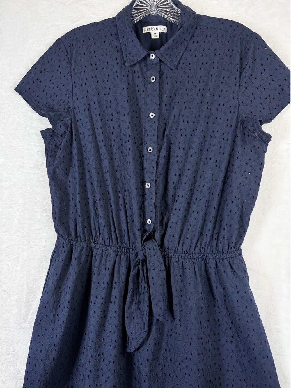 J Crew Shirt Dress Medium Eyelet Navy Blue Short Sleeve Womens 100% Cotton